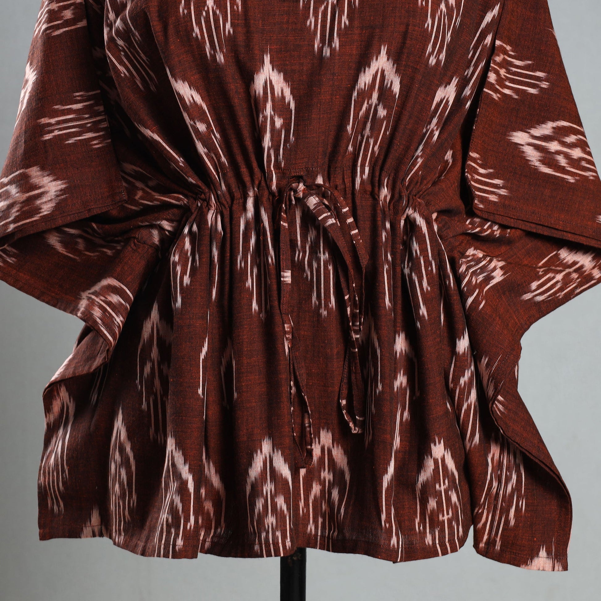 Brown - Ikat Weave Cotton Kaftan with Tie-Up Waist (Short)