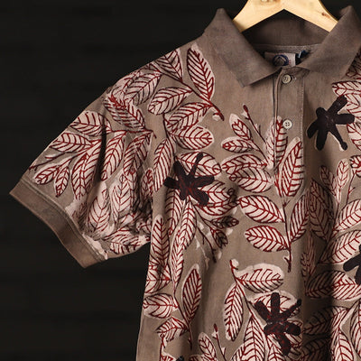 Brown - Bindaas Natural Dyed Art Block Print Polo Collar T-shirt in Cotton