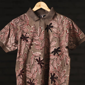 Brown - Bindaas Natural Dyed Art Block Print Polo Collar T-shirt in Cotton