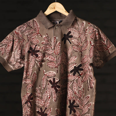 Brown - Bindaas Natural Dyed Art Block Print Polo Collar T-shirt in Cotton