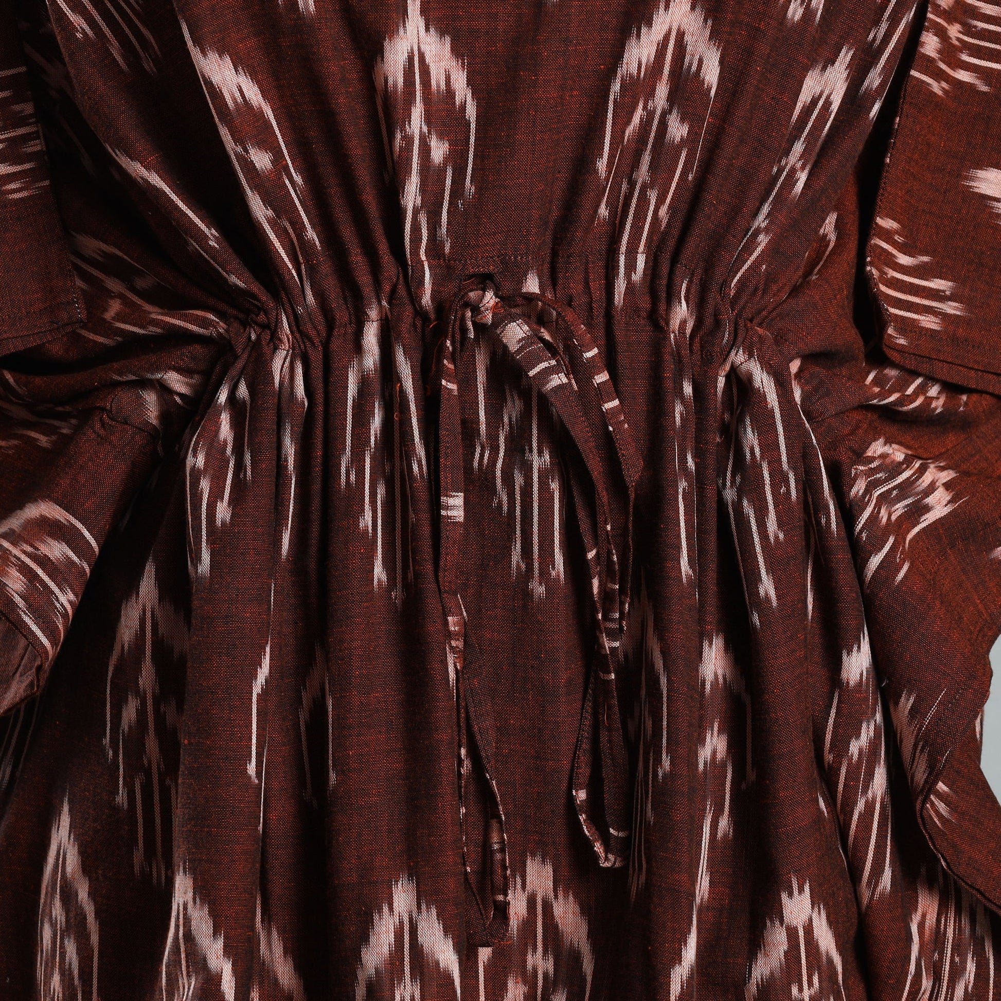 Brown - Ikat Weave Cotton Kaftan with Tie-Up Waist (Short)