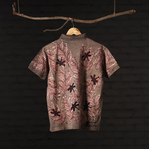 Brown - Bindaas Natural Dyed Art Block Print Polo Collar T-shirt in Cotton