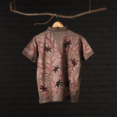 Brown - Bindaas Natural Dyed Art Block Print Polo Collar T-shirt in Cotton