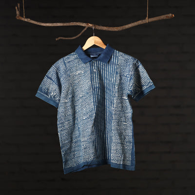 Blue - Bindaas Natural Dyed Art Block Print Polo Collar T-shirt in Cotton