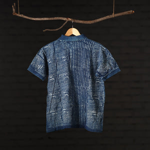 Blue - Bindaas Natural Dyed Art Block Print Polo Collar T-shirt in Cotton