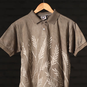 Brown - Bindaas Natural Dyed Art Block Print Polo Collar T-shirt in Pure Cotton