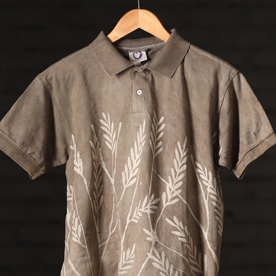 Brown - Bindaas Natural Dyed Art Block Print Polo Collar T-shirt in Pure Cotton
