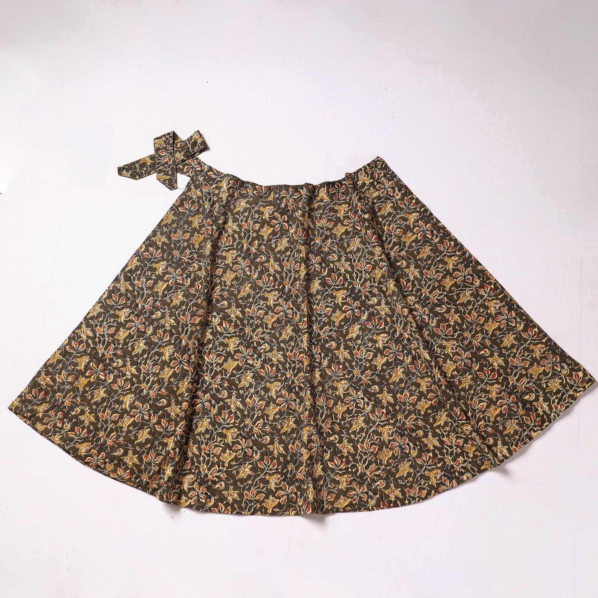 Brown - Kalamkari Block Printed Cotton Wrap Around Skirt