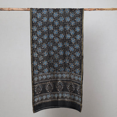 Black - Pipad Block Printed Chanderi Silk Handloom Stole