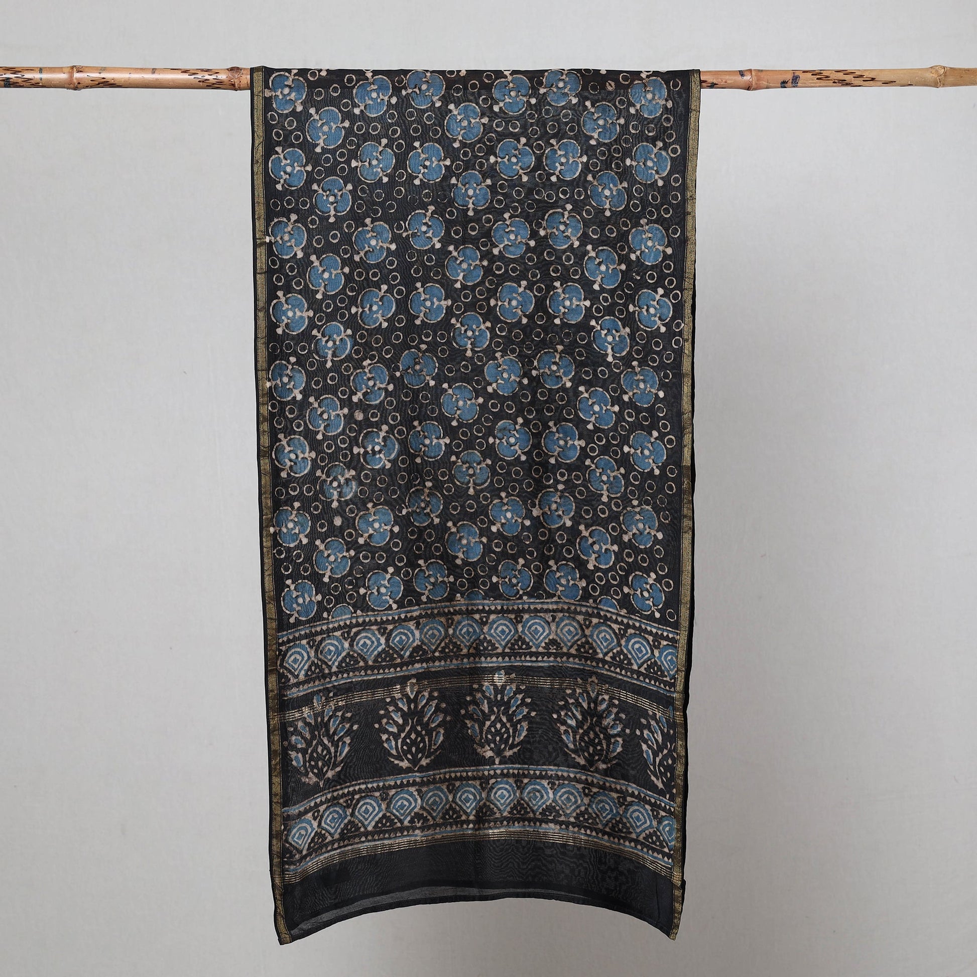 Black - Pipad Block Printed Chanderi Silk Handloom Stole