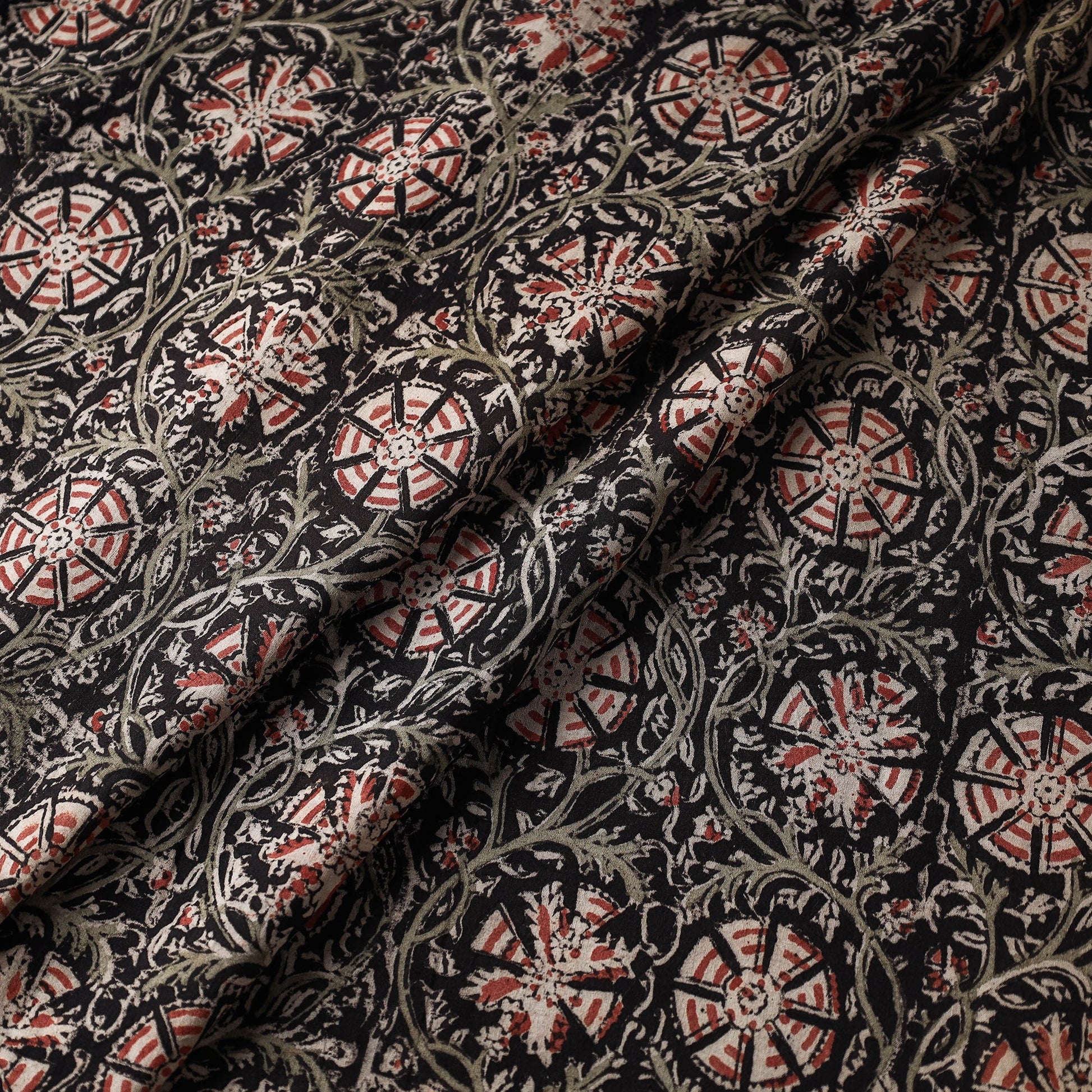 Black - Kalamkari Block Printed Cotton Fabric
