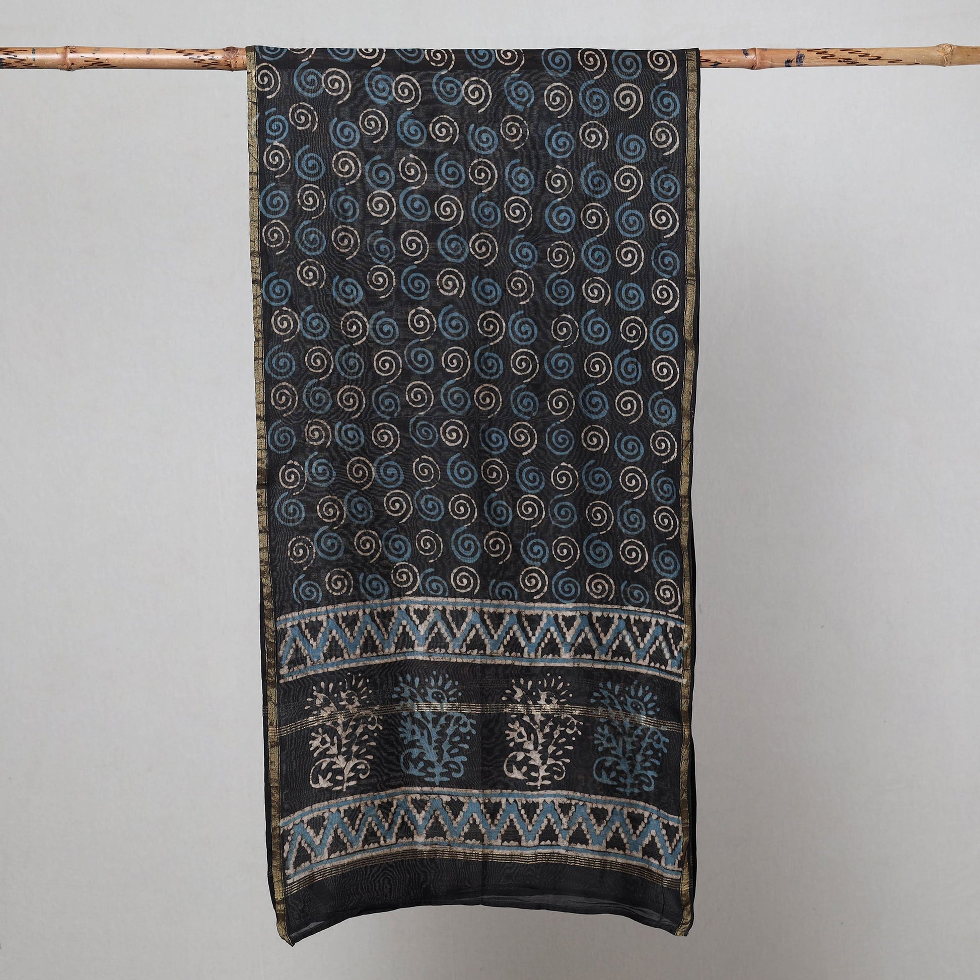 Black - Pipad Block Printed Chanderi Silk Handloom Stole