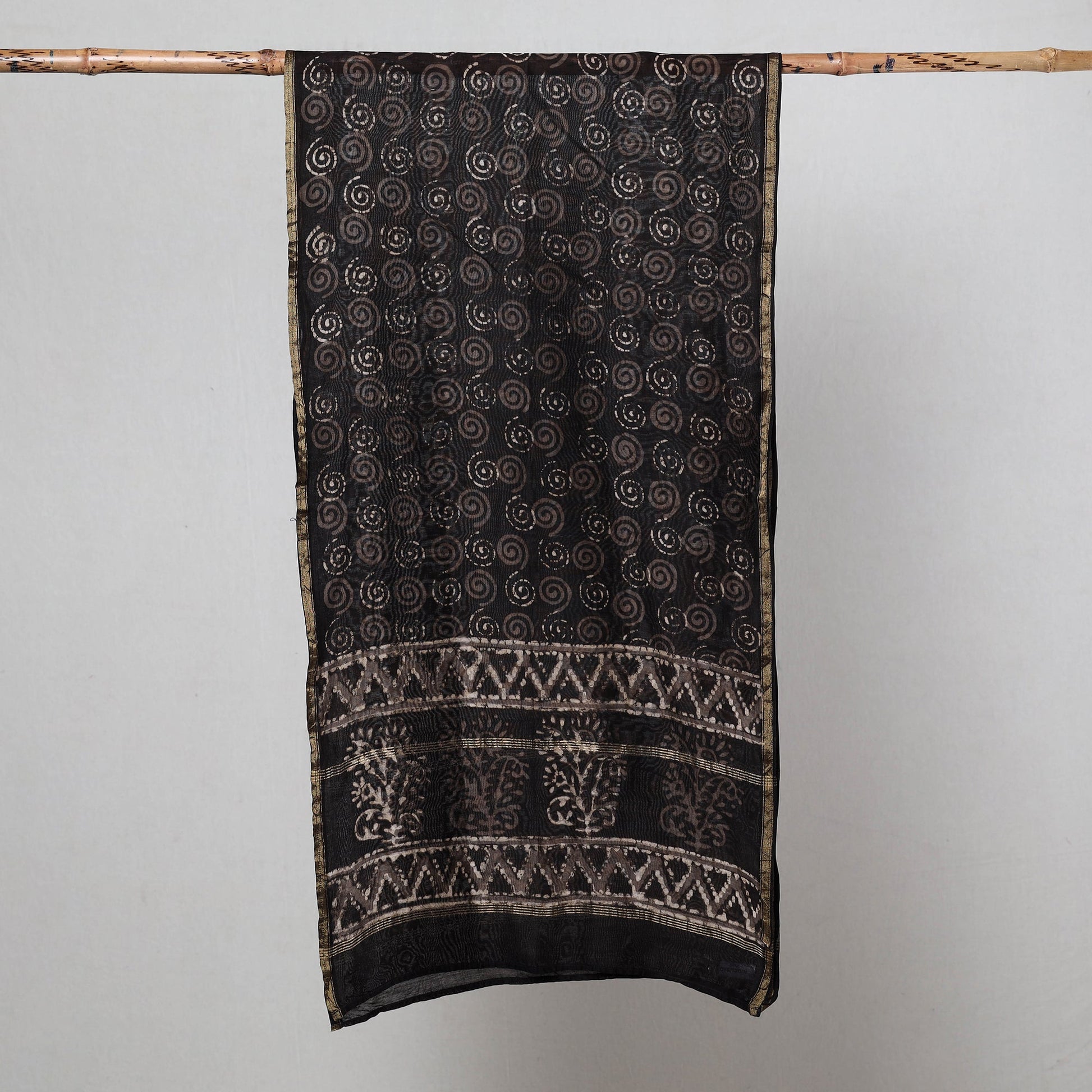 Black - Pipad Block Printed Chanderi Silk Handloom Stole