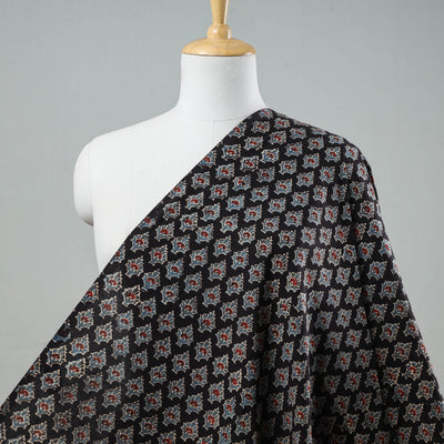 Black With Florids Ajrakh Block Printed Cotton Fabric