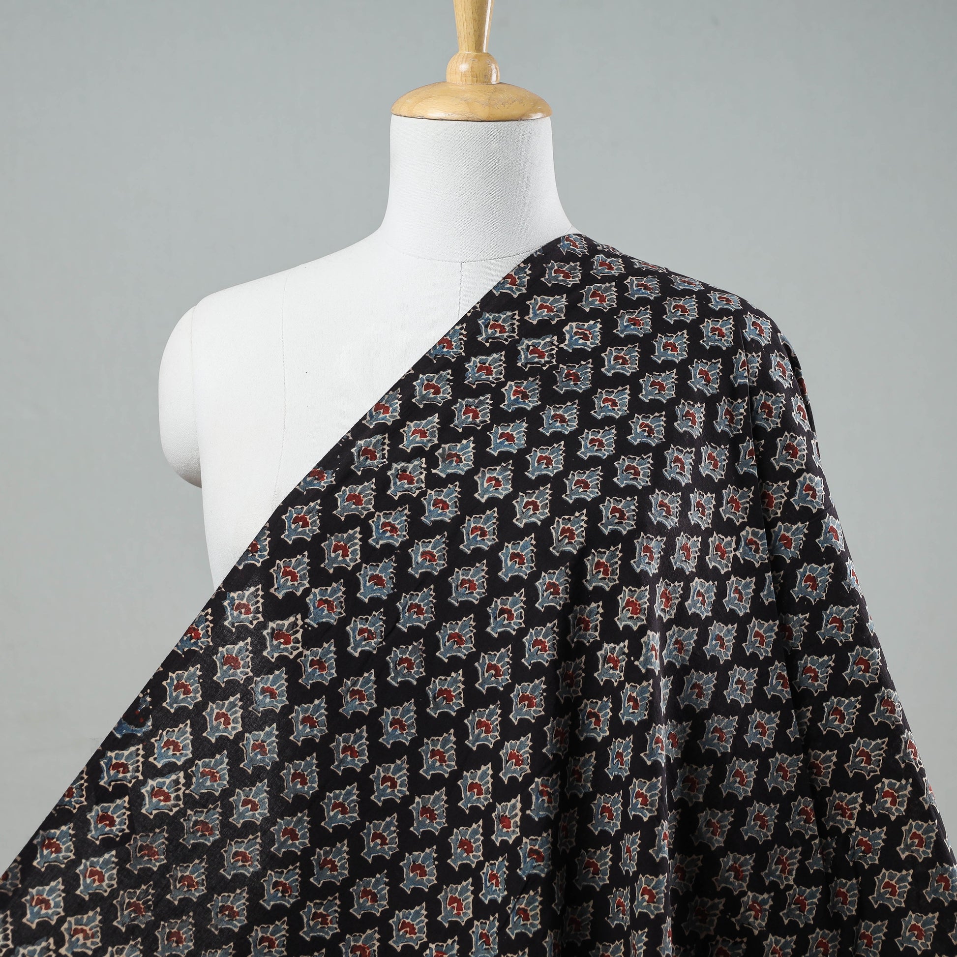 Black With Florids Ajrakh Block Printed Cotton Fabric