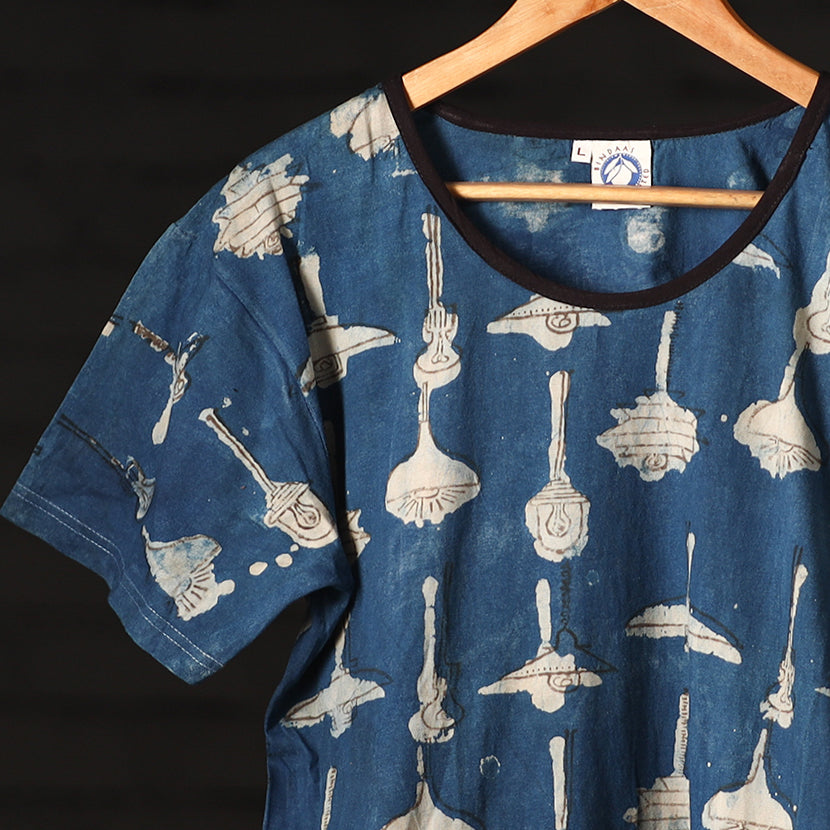 Blue - Bindaas Natural Dyed Art Block Print Women Round Neck T-shirt in Cotton