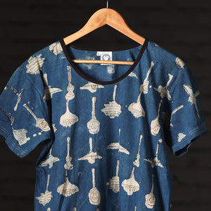 Blue - Bindaas Natural Dyed Art Block Print Women Round Neck T-shirt in Cotton