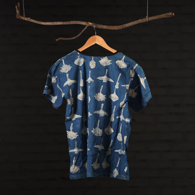 Blue - Bindaas Natural Dyed Art Block Print Women Round Neck T-shirt in Cotton