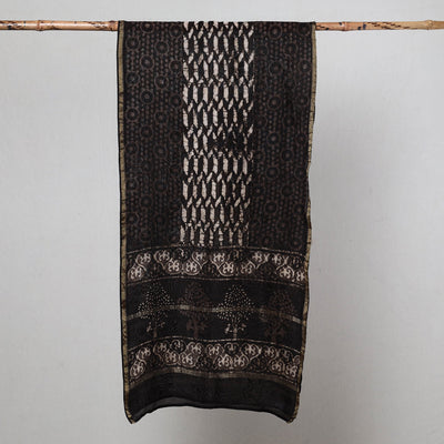 Black - Pipad Block Printed Chanderi Silk Handloom Stole