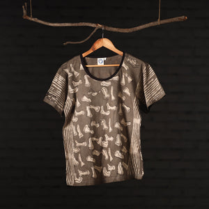 Brown - Bindaas Natural Dyed Art Block Print Women Round Neck T-shirt in Cotton