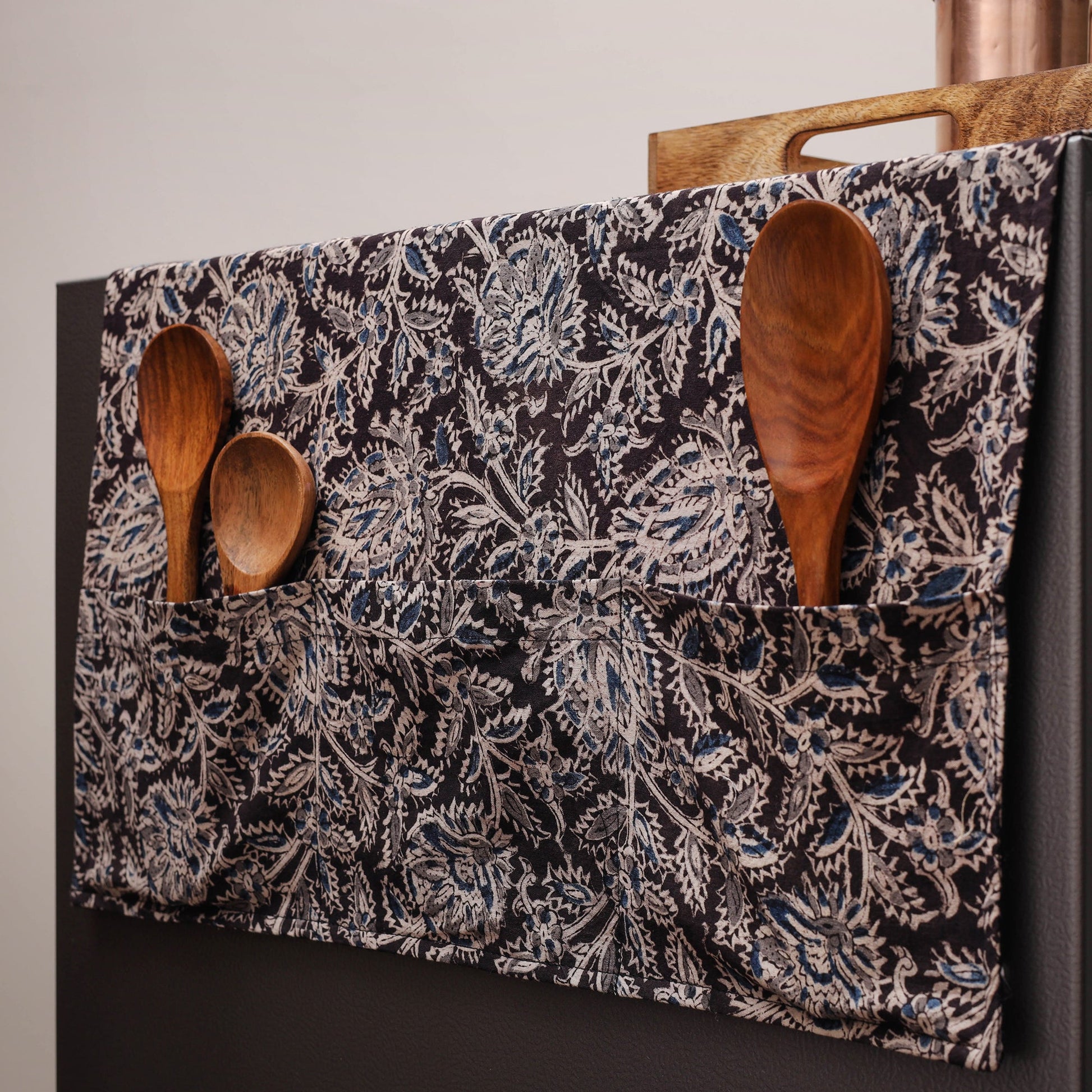 Black - Kalamkari Block Printed Fridge Cover with Handle Cover 01