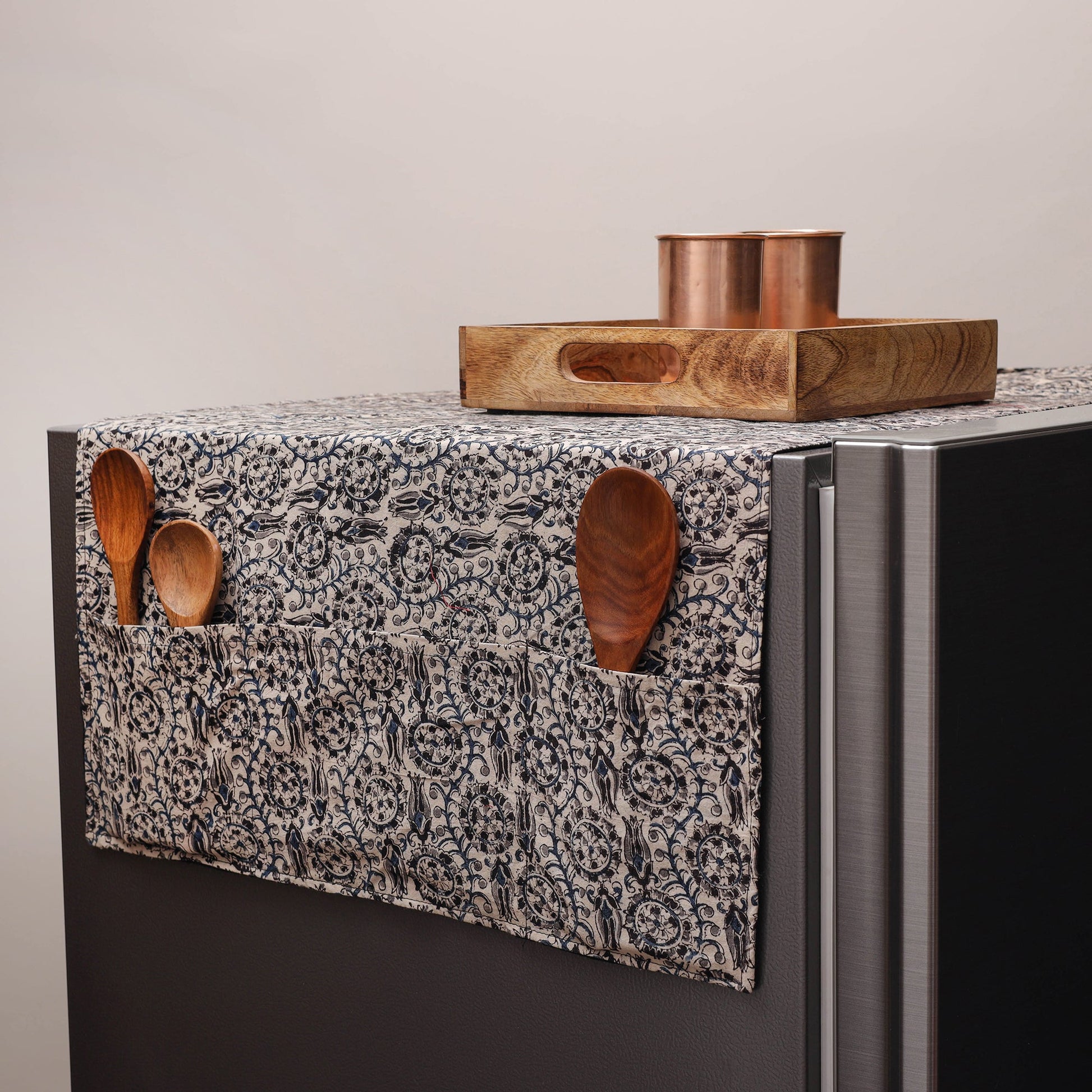 Beige - Kalamkari Block Printed Fridge Cover with Handle Cover 03