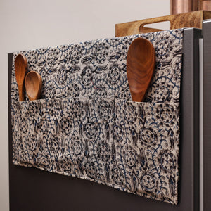 Beige - Kalamkari Block Printed Fridge Cover with Handle Cover 03