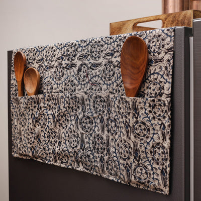 Beige - Kalamkari Block Printed Fridge Cover with Handle Cover 03