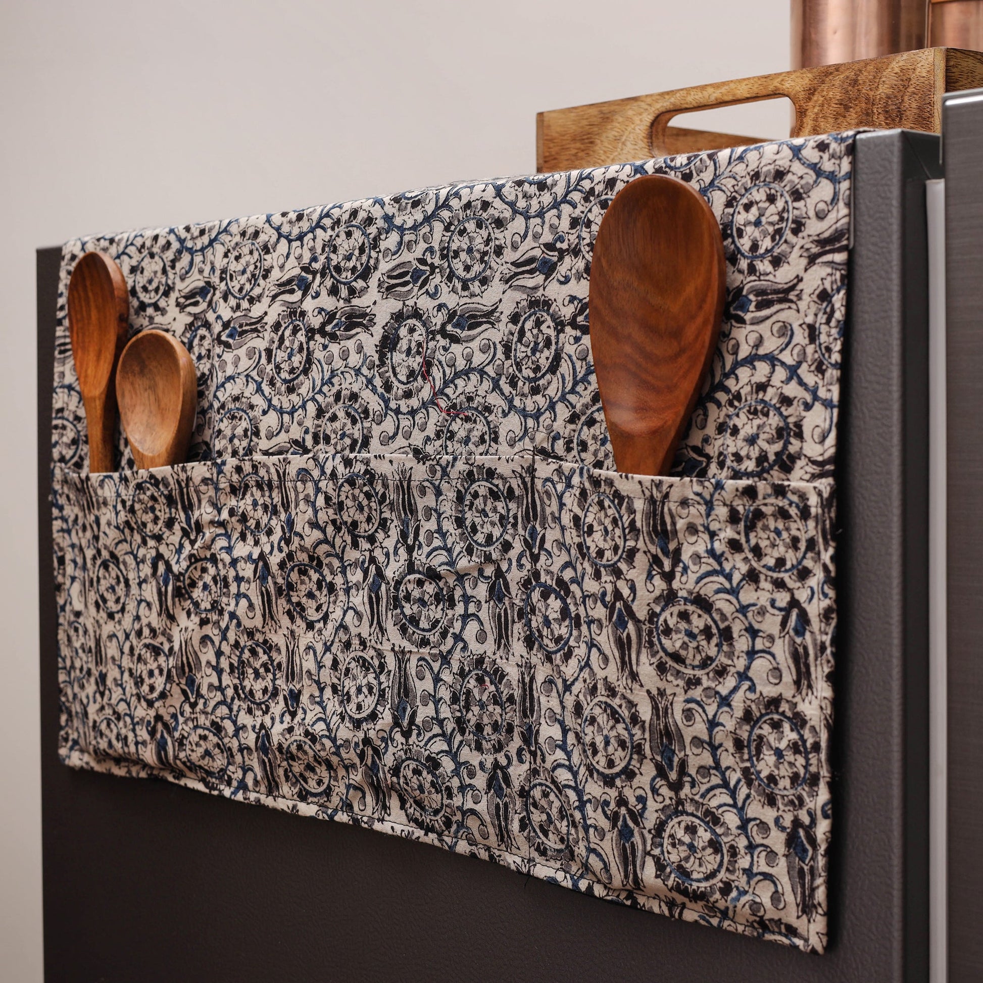 Beige - Kalamkari Block Printed Fridge Cover with Handle Cover 03