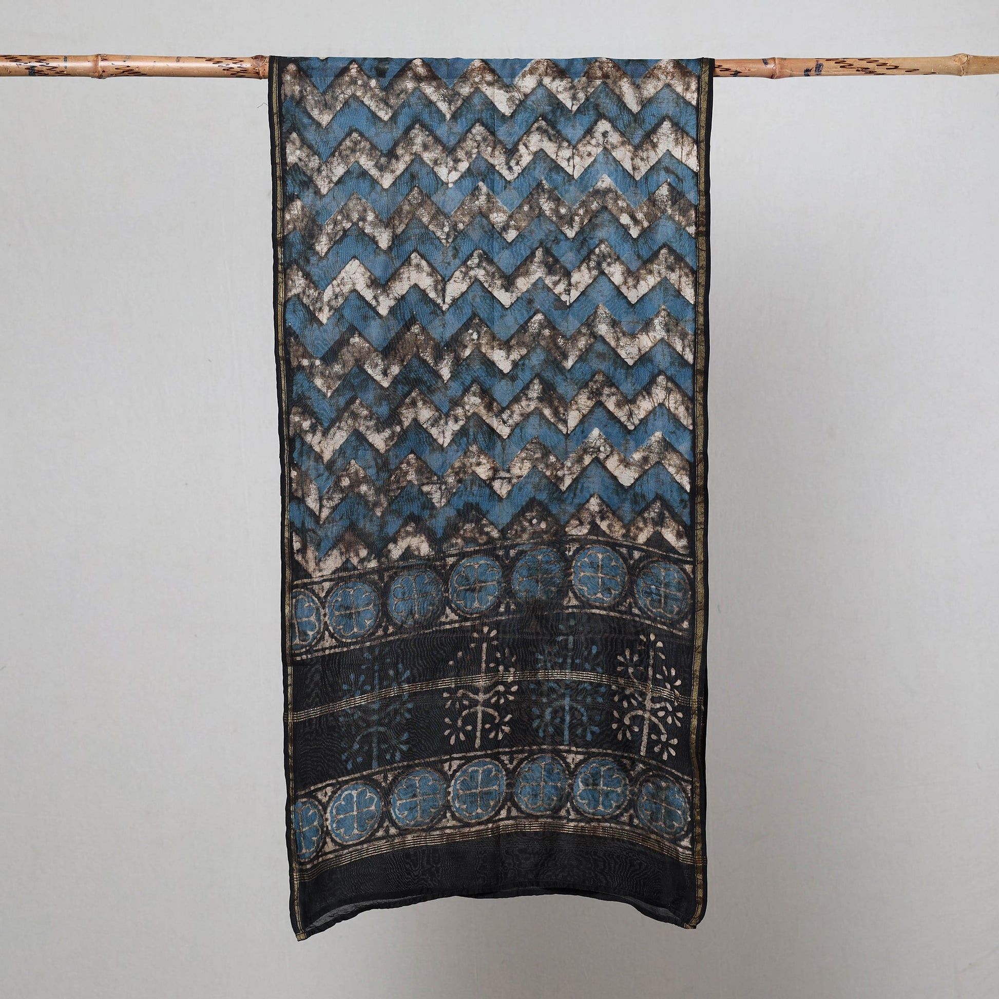 Black - Pipad Block Printed Chanderi Silk Handloom Stole
