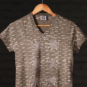 Brown - Bindaas Natural Dyed Art Block Print Women V Neck T-shirt in Cotton