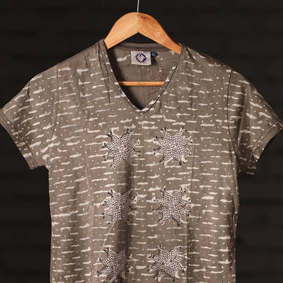Brown - Bindaas Natural Dyed Art Block Print Women V Neck T-shirt in Cotton