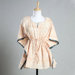 Beige - Sanganeri Block Printed Cotton Kaftan with Tie-Up Waist (Short)