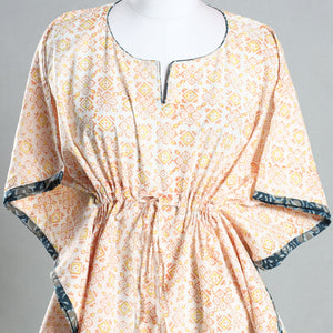 Beige - Sanganeri Block Printed Cotton Kaftan with Tie-Up Waist (Short)