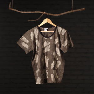 Brown - Bindaas Natural Dyed Art Block Print Women Round Neck T-shirt in Cotton