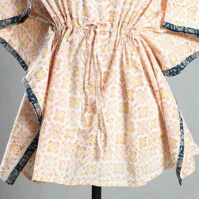 Beige - Sanganeri Block Printed Cotton Kaftan with Tie-Up Waist (Short)