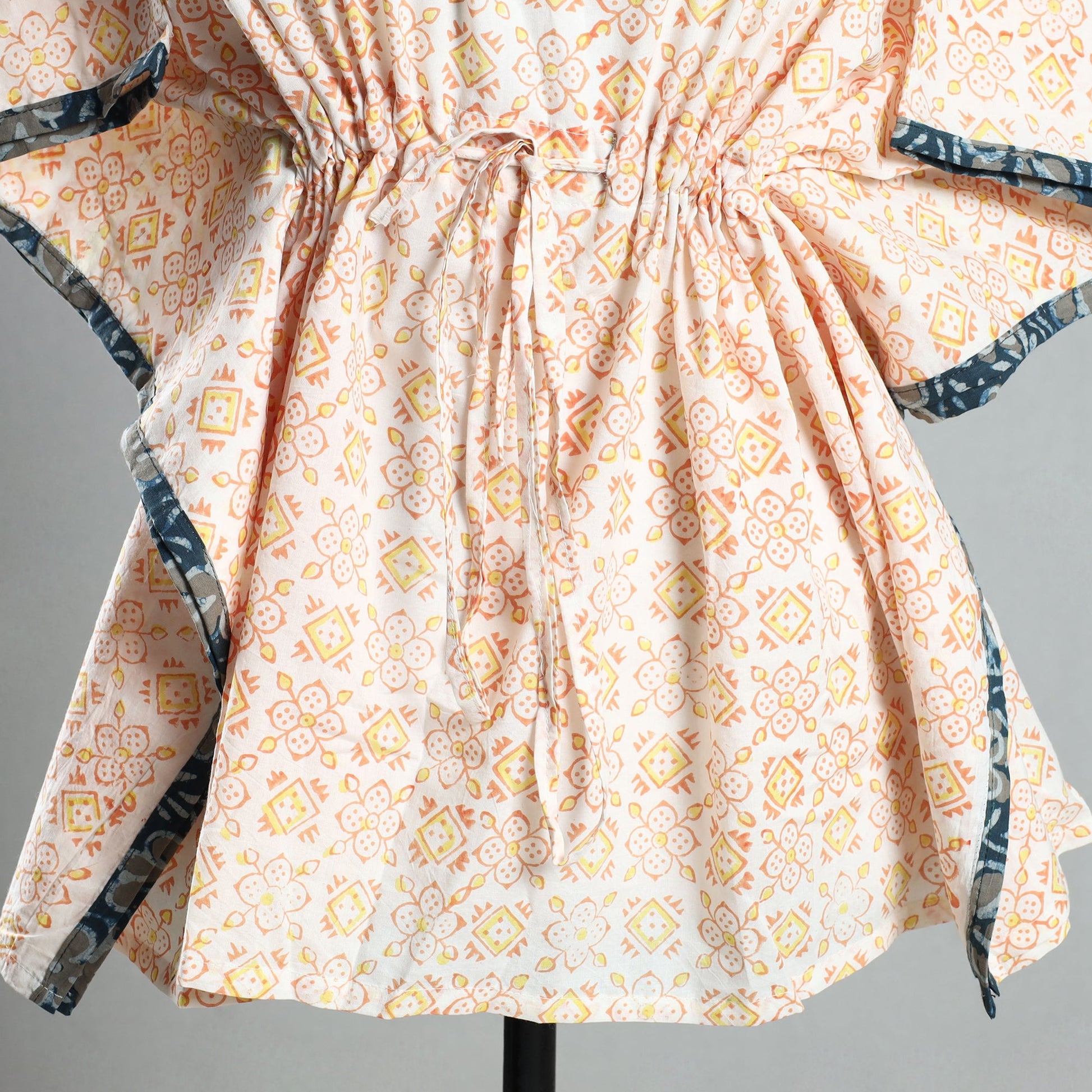Beige - Sanganeri Block Printed Cotton Kaftan with Tie-Up Waist (Short)