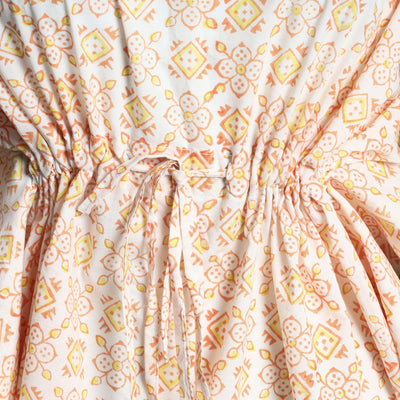 Beige - Sanganeri Block Printed Cotton Kaftan with Tie-Up Waist (Short)