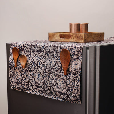 Black - Kalamkari Block Printed Fridge Cover with Handle Cover 05