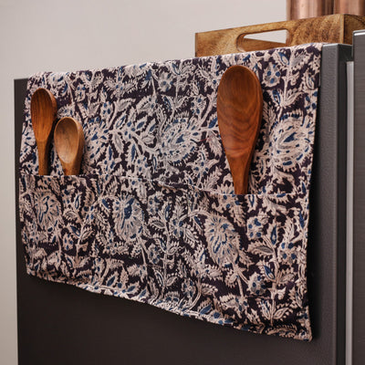 Black - Kalamkari Block Printed Fridge Cover with Handle Cover 05