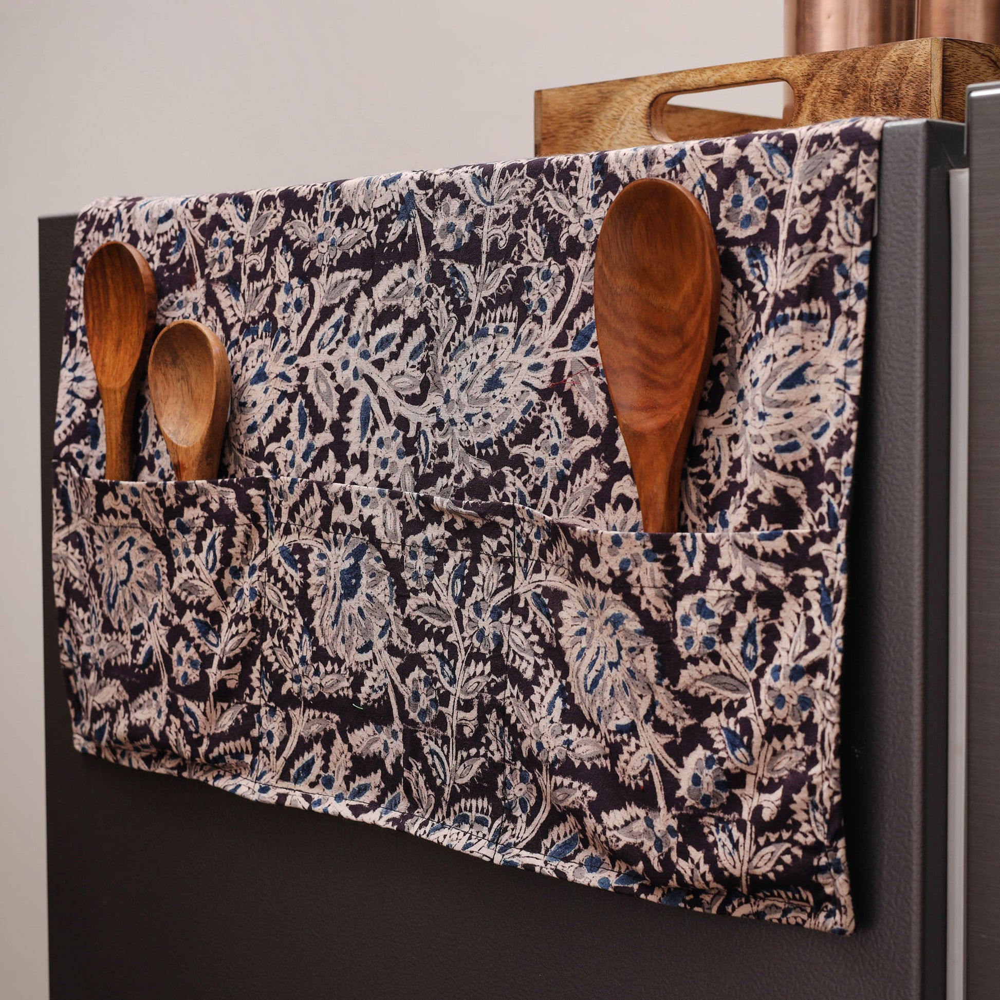 Black - Kalamkari Block Printed Fridge Cover with Handle Cover 05