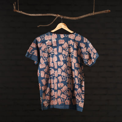 Blue - Bindaas Natural Dyed Art Block Print Unisex Round Neck T-shirt in Pure Cotton