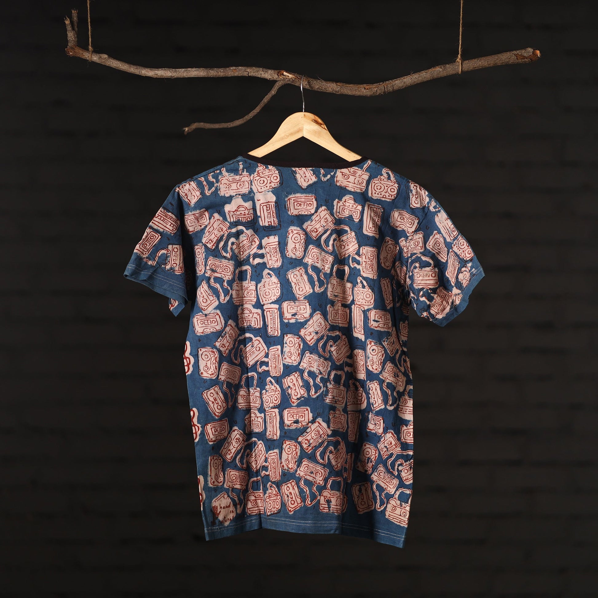 Blue - Bindaas Natural Dyed Art Block Print Unisex Round Neck T-shirt in Pure Cotton