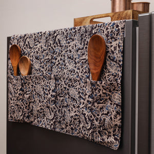 Black - Kalamkari Block Printed Fridge Cover with Handle Cover 07