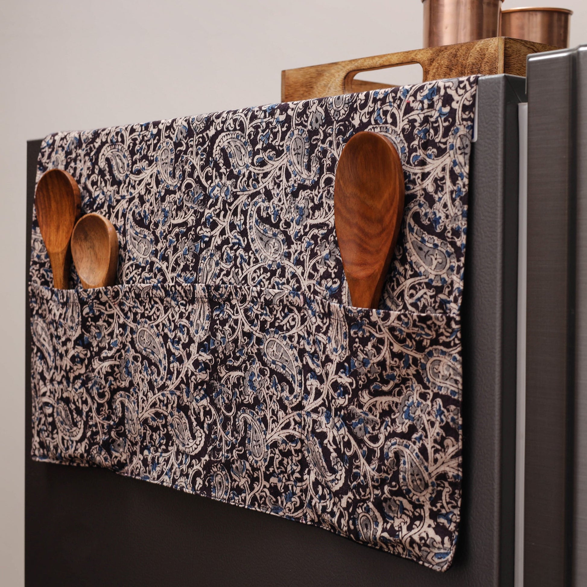Black - Kalamkari Block Printed Fridge Cover with Handle Cover 07