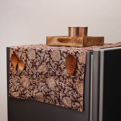 Brown - Kalamkari Block Printed Fridge Cover with Handle Cover 08