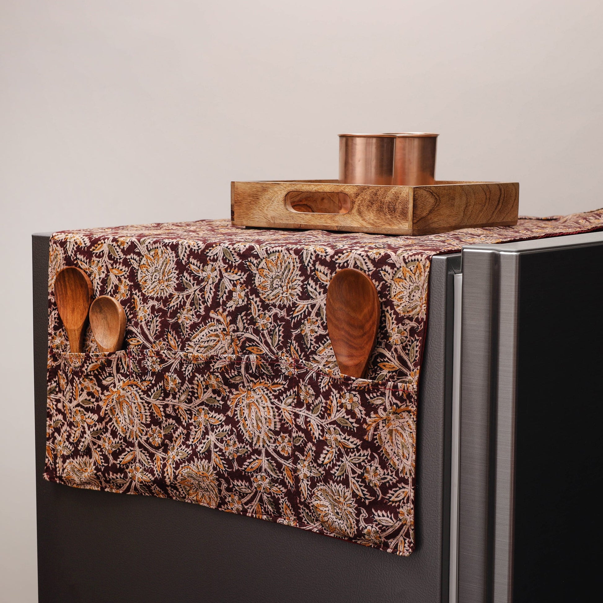 Brown - Kalamkari Block Printed Fridge Cover with Handle Cover 08