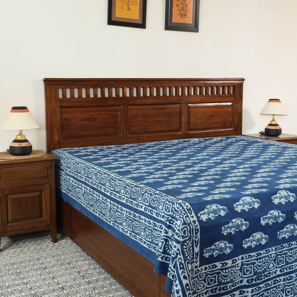 Blue - Block Art Print Cotton Double Bindaas Bed Sheet (110 x 93 in)