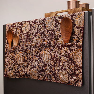 Brown - Kalamkari Block Printed Fridge Cover with Handle Cover 08