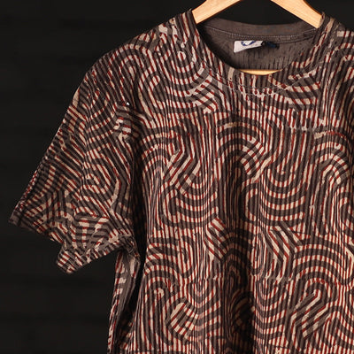 Brown - Bindaas Block Art Printed Cotton Round Neck T-shirt